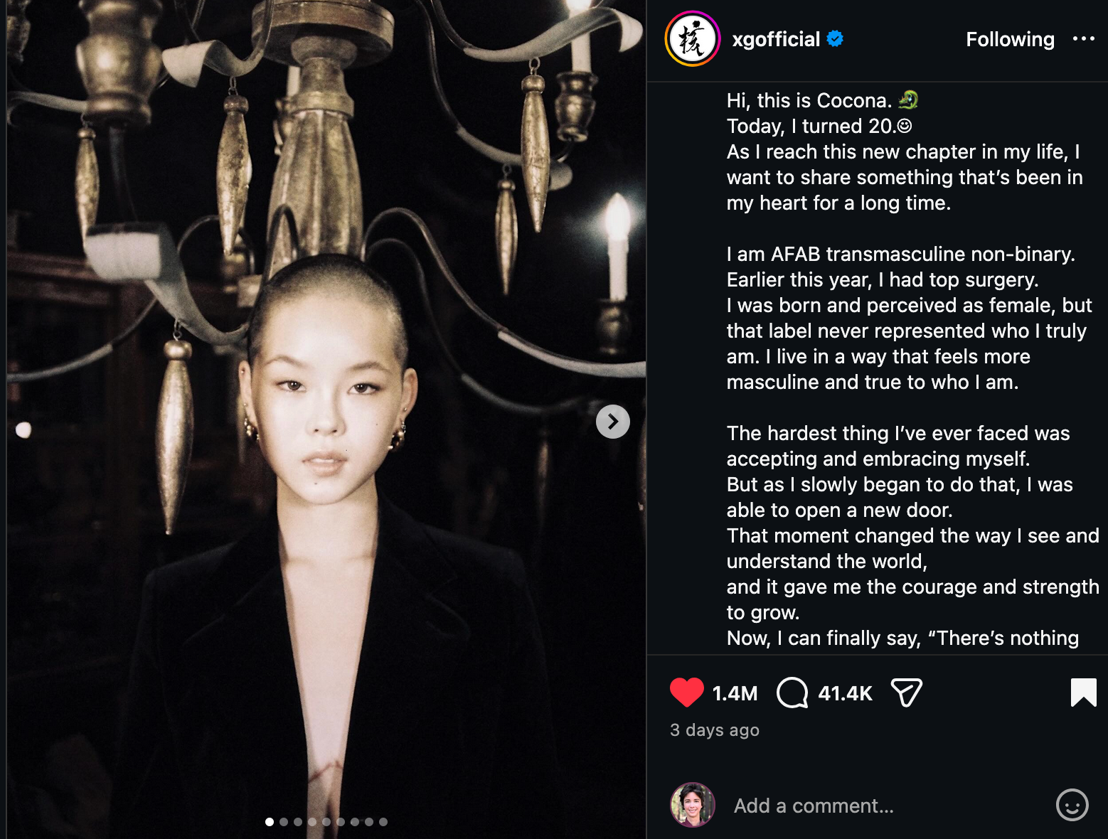 Hi, this is Cocona. 🐉 Today, I turned 20.☺︎ As I reach this new chapter in my life, I want to share something that’s been in my heart for a long time.  I am AFAB transmasculine non-binary. Earlier this year, I had top surgery. I was born and perceived as female, but that label never represented who I truly am. I live in a way that feels more masculine and true to who I am.  The hardest thing I’ve ever faced was accepting and embracing myself. But as I slowly began to do that, I was able to open a new door. That moment changed the way I see and understand the world, and it gave me the courage and strength to grow. Now, I can finally say, “There’s nothing wrong with who I am inside.”