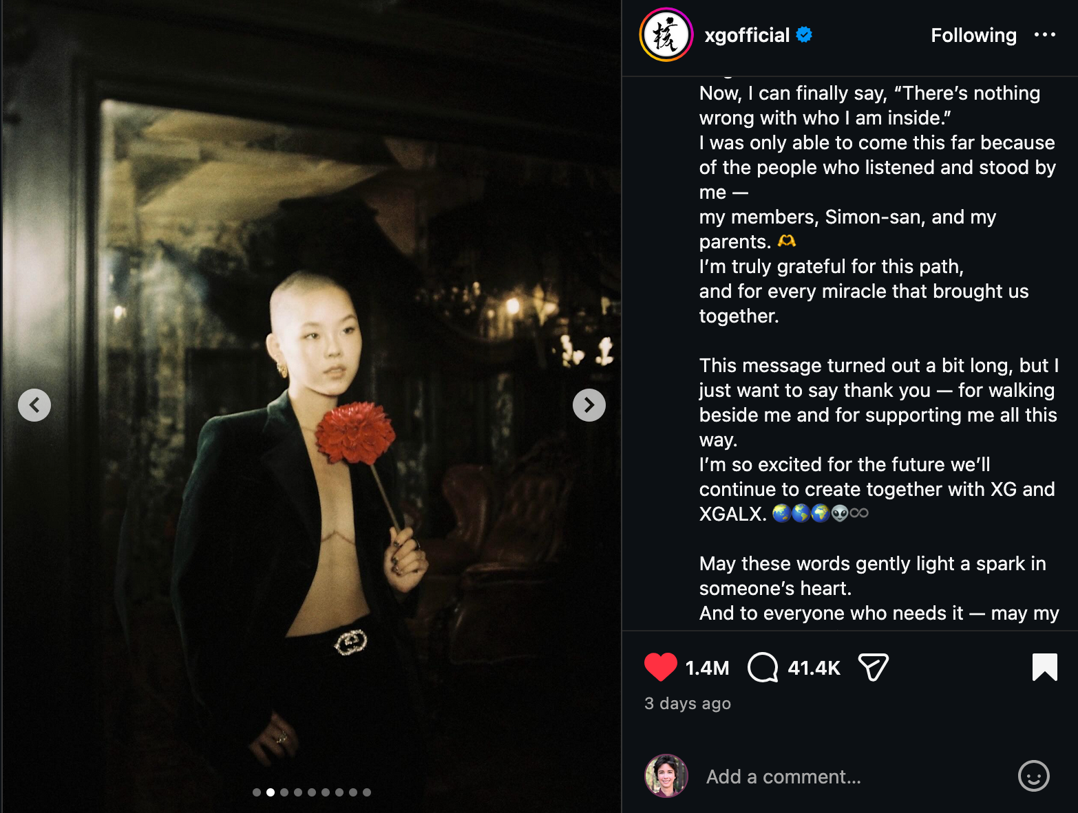 I was only able to come this far because of the people who listened and stood by me — my members, Simon-san, and my parents. 🫶 I’m truly grateful for this path, and for every miracle that brought us together.  This message turned out a bit long, but I just want to say thank you — for walking beside me and for supporting me all this way. I’m so excited for the future we’ll continue to create together with XG and XGALX. 🌏🌎🌍👽♾️  May these words gently light a spark in someone’s heart. And to everyone who needs it — may my love reach all of them. With love, always. 🤍  PHOTO BY JURIN MAKEUP BY CHISA