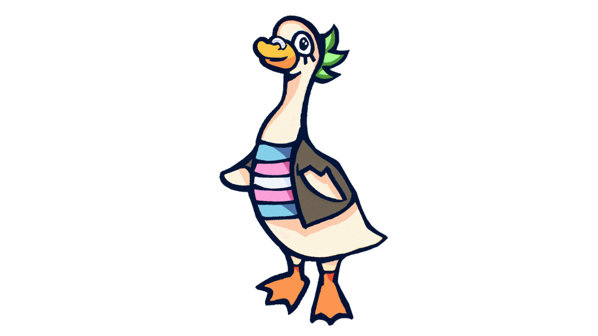 An illustration of a tan-colored duck with green "faux hawk" feathers, wearing a trans flag shirt and gray jacket, and with a septum piercing, all fashion choices that point to being transmasculine
