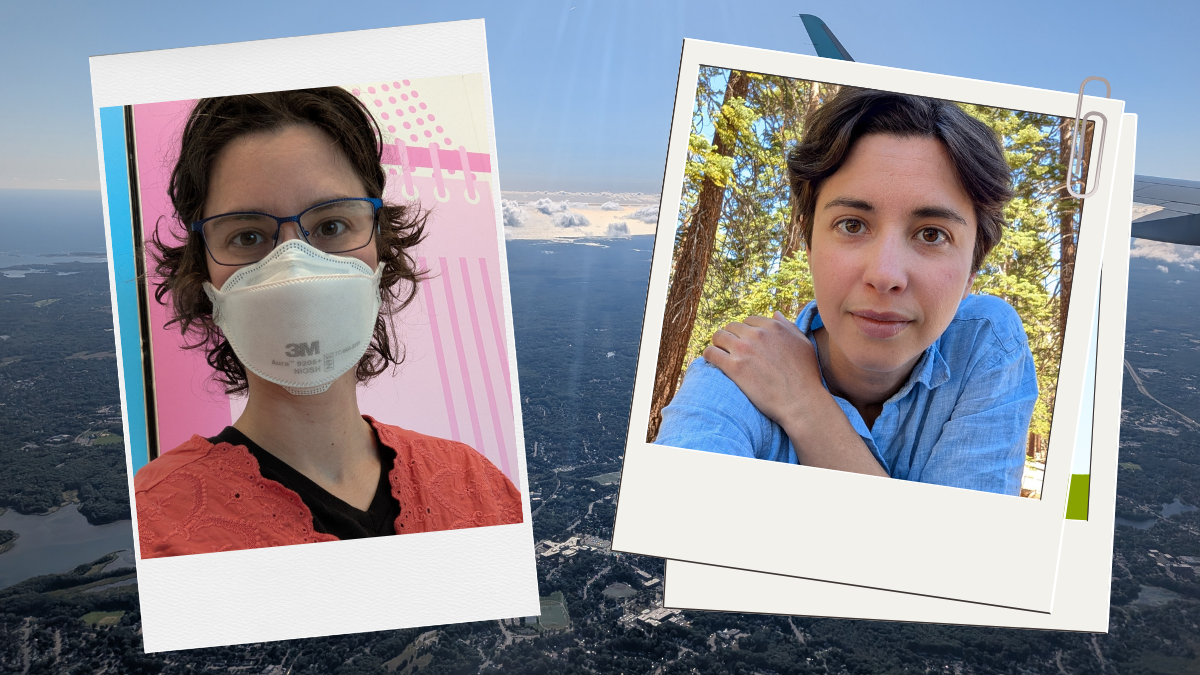 Two photos of Rey, the first showing them with glasses, an N95 mask, slightly longer hair, and a decorative coral colored blouse, and the second with shorter hair, wearing a masc button down shirt, outside in nature