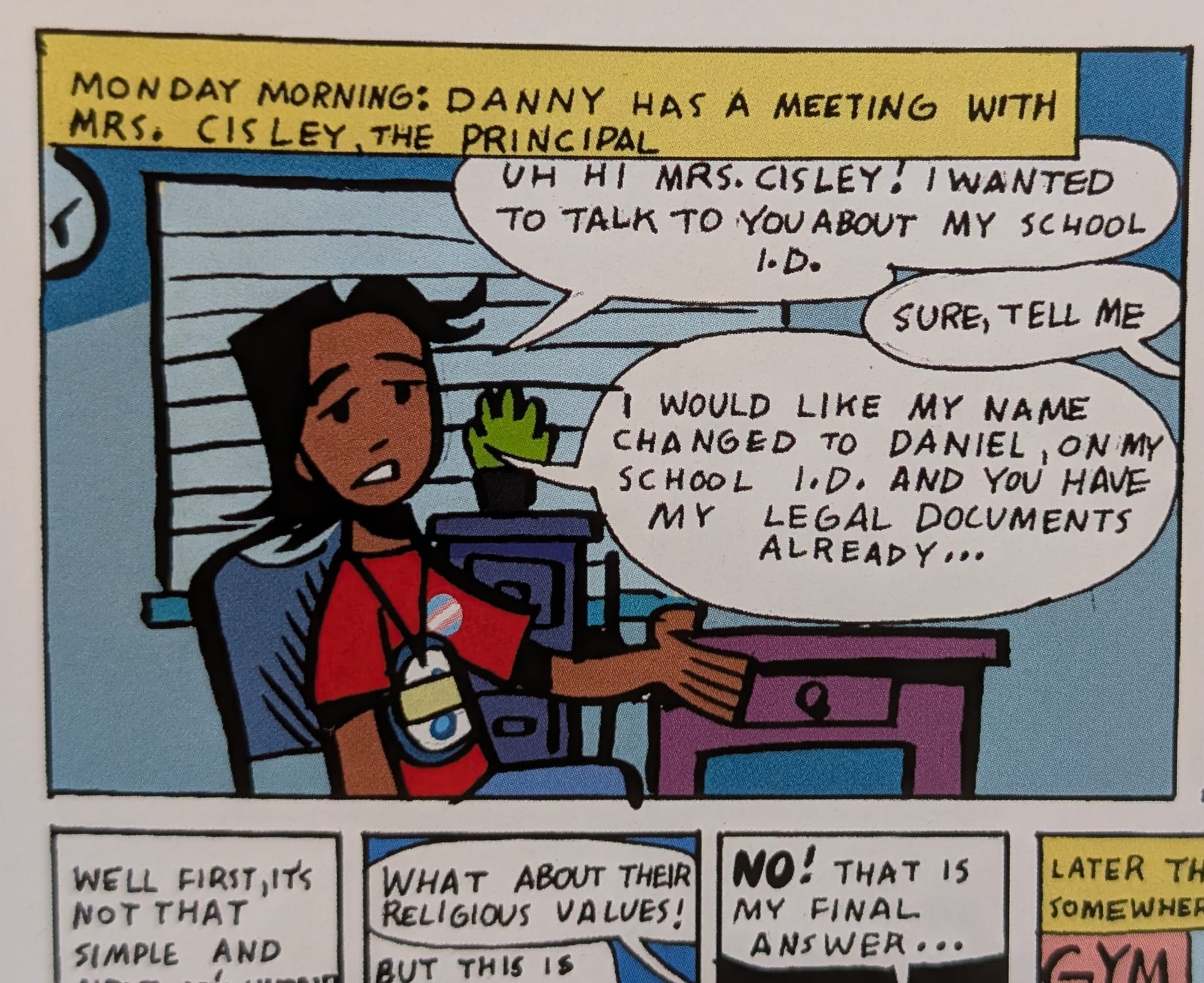 A panel from the comic book showing a teen boy with brown skin negotiating with the school principal about his ID