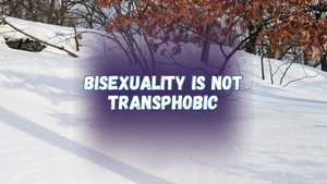 Bisexuality is not transphobic, with a photo of snow and oak trees that still have their dry leaves